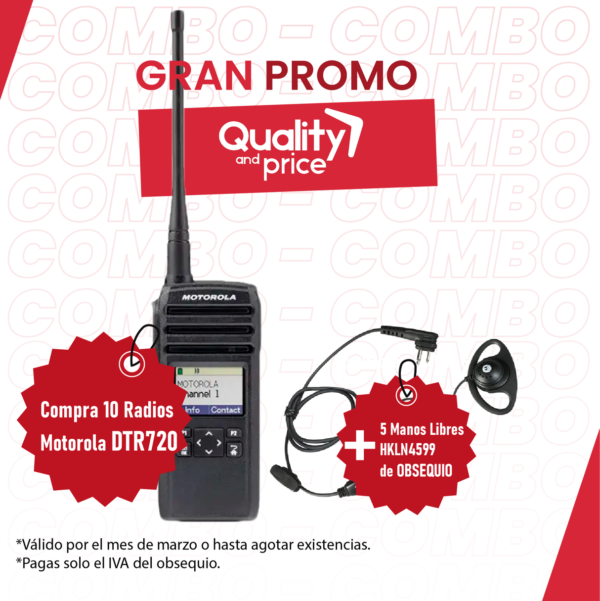 COMBO 10 Radios Portátiles Motorola DTR720 digital 900MHz + 5 Manos libres HKLN4599A de OBSEQUIO