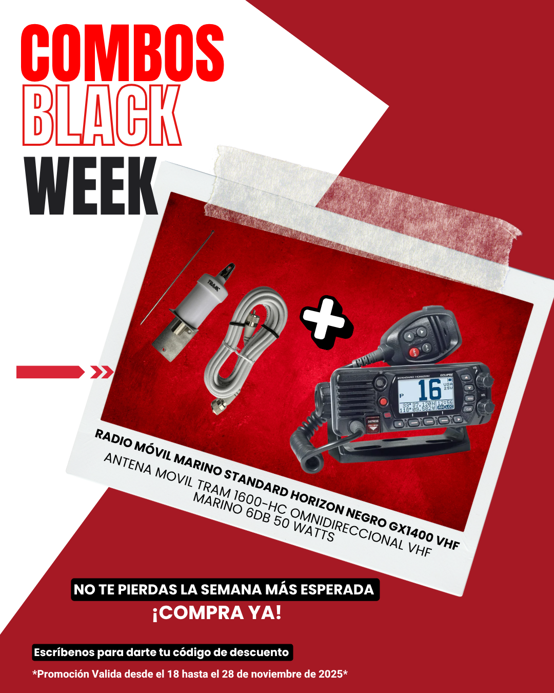 Combo Radio móvil marino Standard Horizon Negro GX1400 VHF + Antena Movil Tram 1600-HC Omnidireccional VHF Marino 6dB 50 Watts