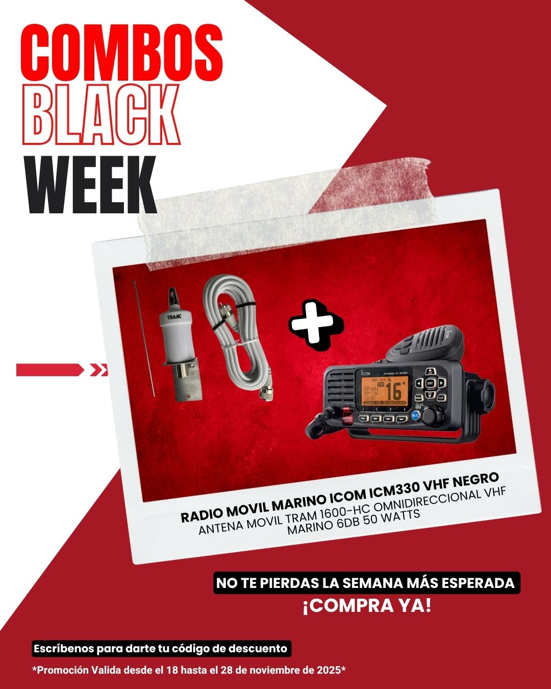 Combo Radio Movil Marino Icom ICM330 VHF Negro + Antena Movil Tram 1600-HC Omnidireccional VHF Marino 6dB 50 Watts