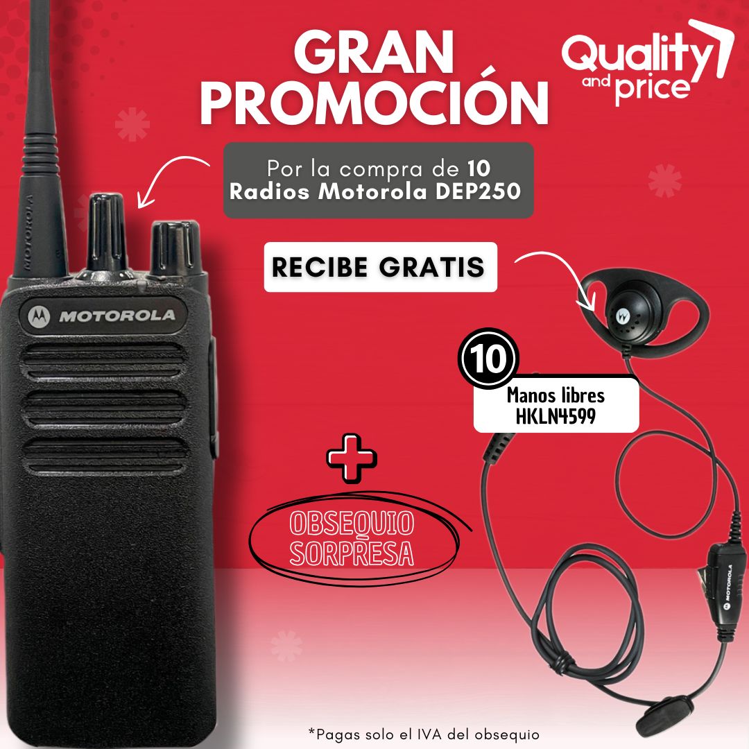 Promoción 10 Radios Portátil Motorola DEP250 + 5 Manos libres HKLN4599A + Regalo sorpresa